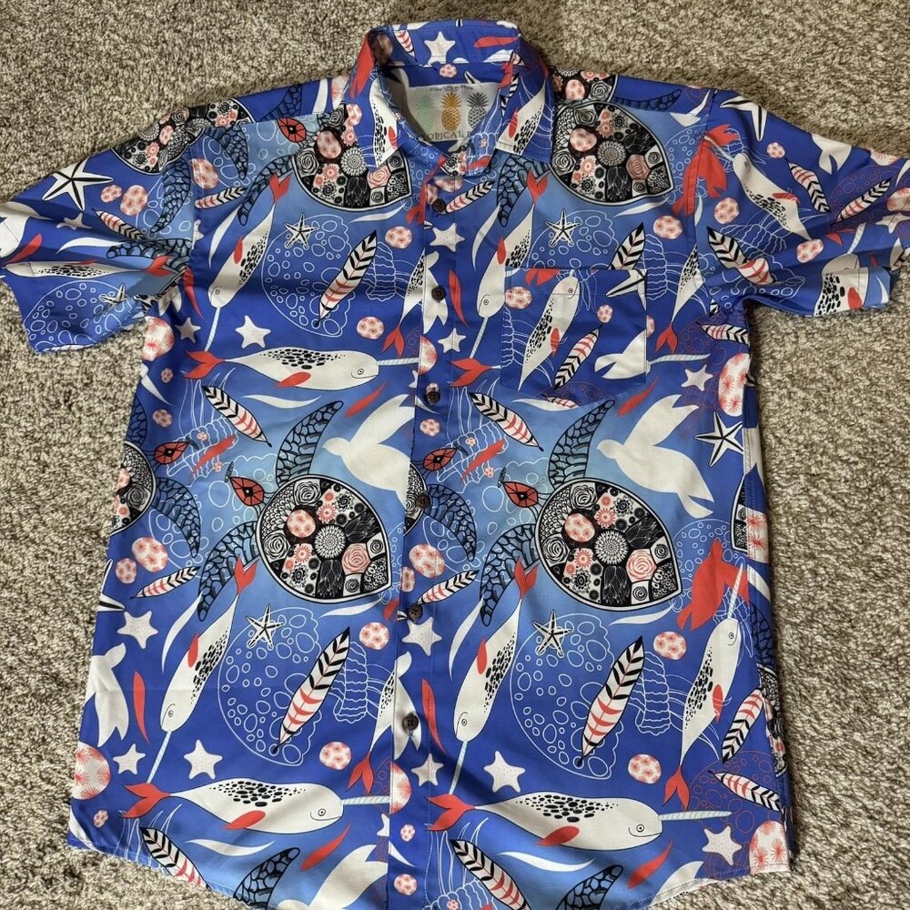 Tropical Bros Shirt Mens Medium Blue Hawaiian Button Up Short Sleeve Stretch